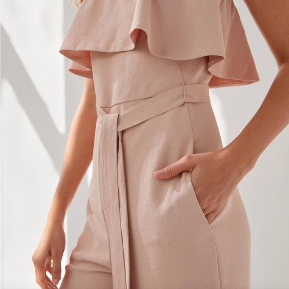 Aritzia Babaton Blush Pink Strapless Neck Ruffle Detail Flutter Jumpsuit - Picture 3 of 10